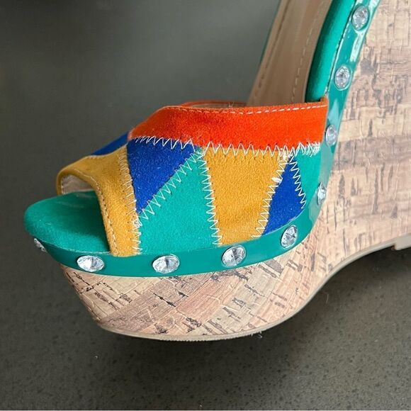 ALBA Peep Toe Platform Multicolor Patche Design Stitch Front Ankle Belt Size 7.5 - Picture 6 of 10